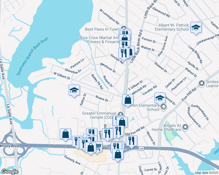 map of restaurants, bars, coffee shops, grocery stores, and more near 105 Roland Drive in Hampton