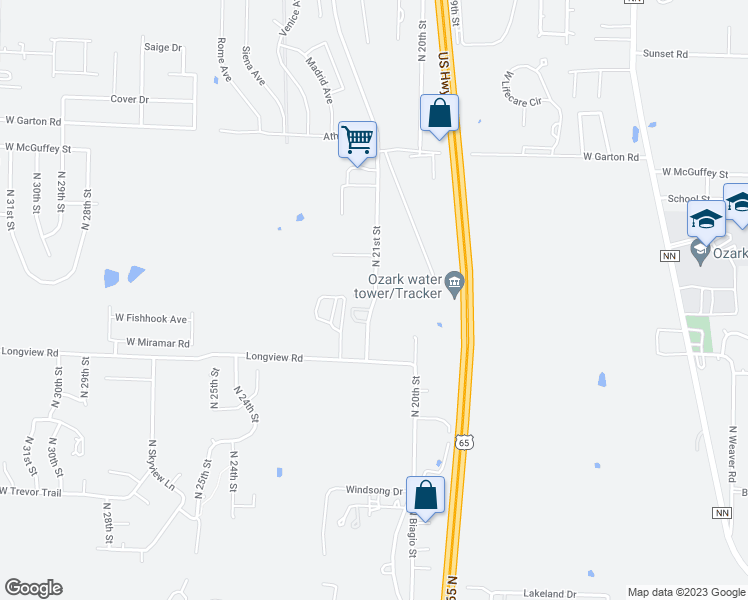 map of restaurants, bars, coffee shops, grocery stores, and more near 3345 North 21st Street in Ozark