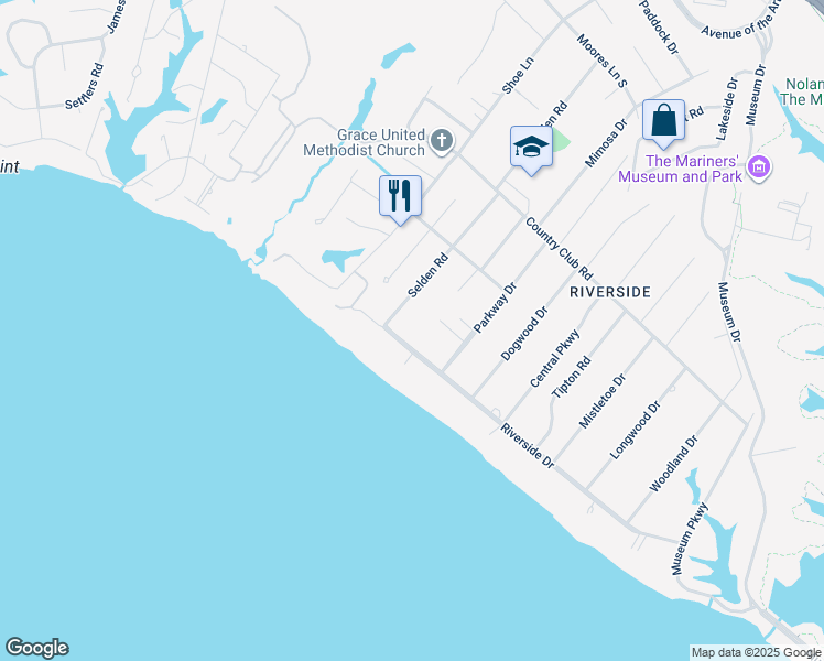 map of restaurants, bars, coffee shops, grocery stores, and more near 810 Riverside Drive in Newport News