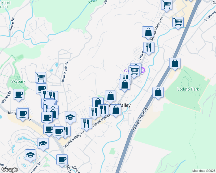 map of restaurants, bars, coffee shops, grocery stores, and more near 101 Civic Center Drive in Scotts Valley