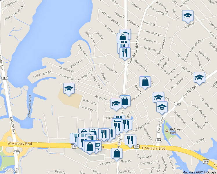 map of restaurants, bars, coffee shops, grocery stores, and more near 205 West Gilbert Street in Hampton