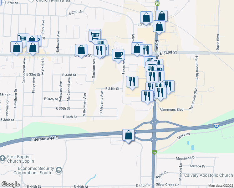 map of restaurants, bars, coffee shops, grocery stores, and more near 2621 East 35th Street in Joplin
