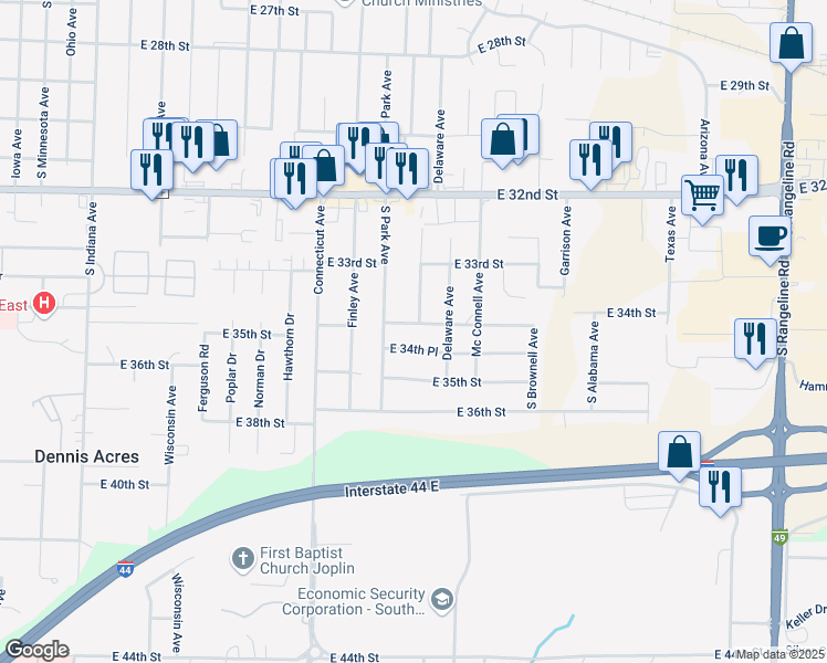 map of restaurants, bars, coffee shops, grocery stores, and more near 1700-2006 East 34th Place in Joplin