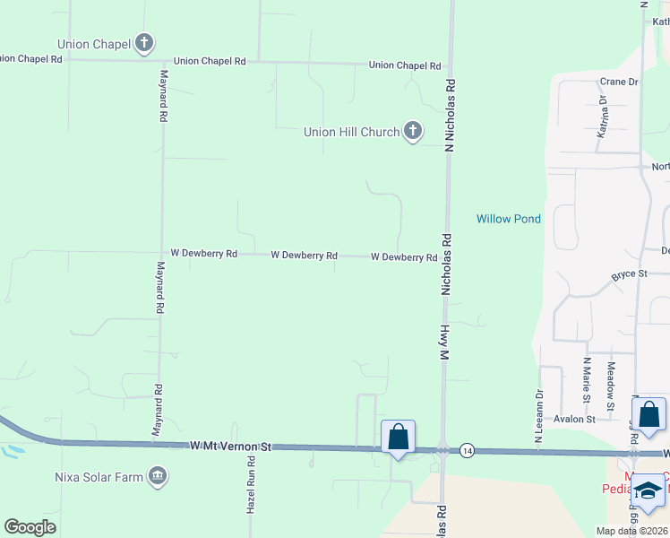 map of restaurants, bars, coffee shops, grocery stores, and more near 1425 West Dewberry Road in Nixa
