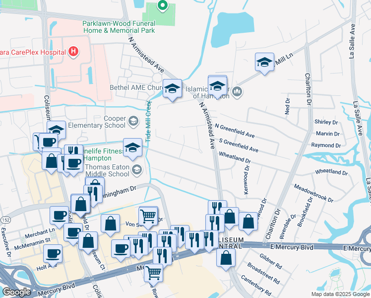 map of restaurants, bars, coffee shops, grocery stores, and more near 119 Tanglewood Drive in Hampton