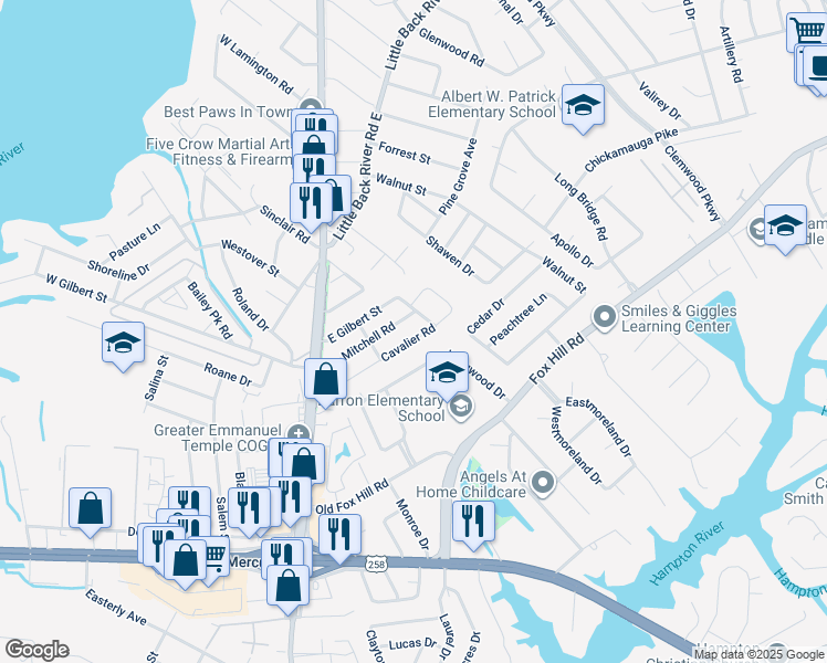 map of restaurants, bars, coffee shops, grocery stores, and more near 41 Cavalier Road in Hampton