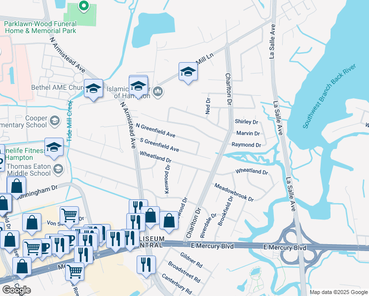 map of restaurants, bars, coffee shops, grocery stores, and more near 35 South Greenfield Avenue in Hampton