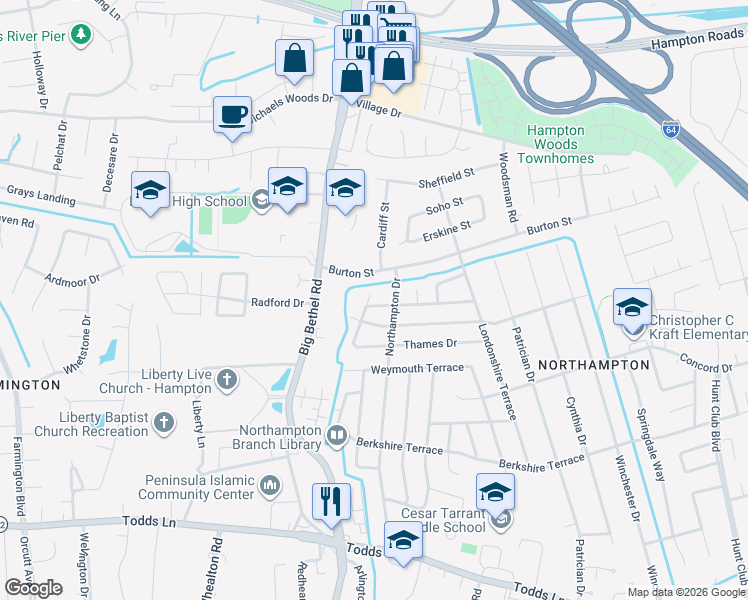 map of restaurants, bars, coffee shops, grocery stores, and more near 842 Headrow Terrace in Hampton