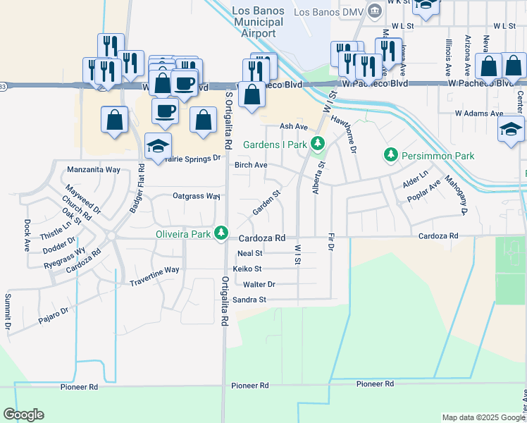 map of restaurants, bars, coffee shops, grocery stores, and more near 1678 Iris Lane in Los Banos