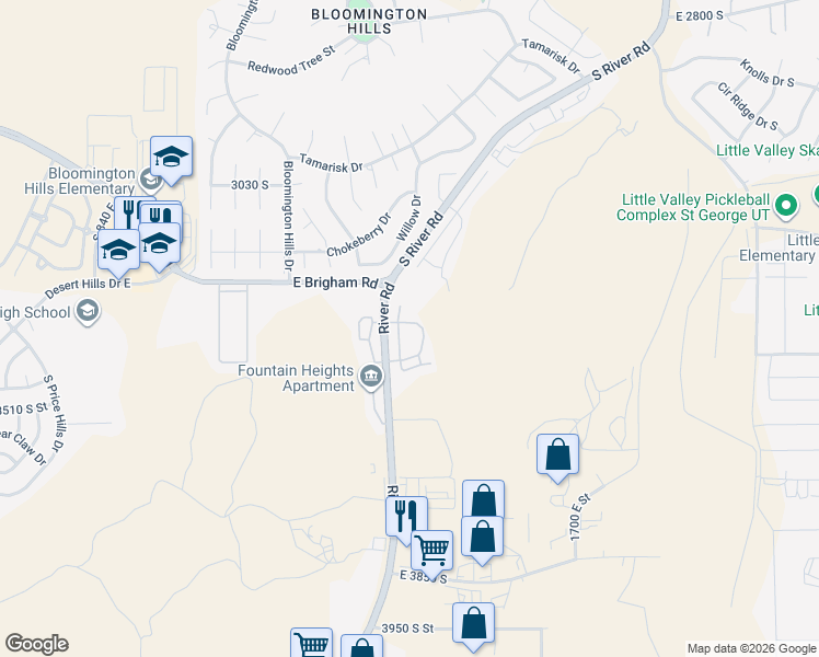 map of restaurants, bars, coffee shops, grocery stores, and more near 3419 South River Road in St. George