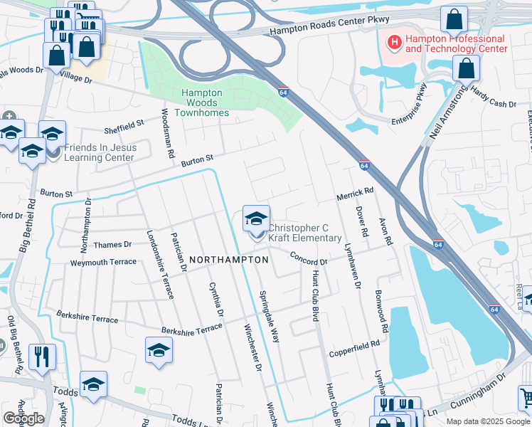 map of restaurants, bars, coffee shops, grocery stores, and more near 209 Lowden Hunt Drive in Hampton