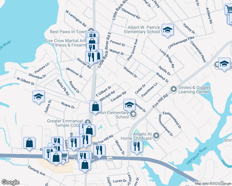 map of restaurants, bars, coffee shops, grocery stores, and more near 32 Mitchell Road in Hampton