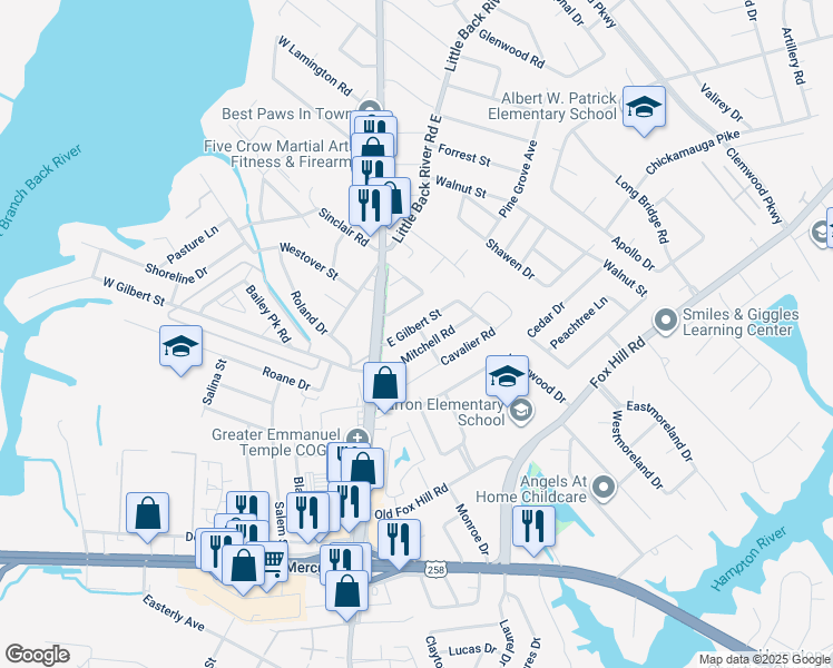 map of restaurants, bars, coffee shops, grocery stores, and more near 14 East Gilbert Street in Hampton