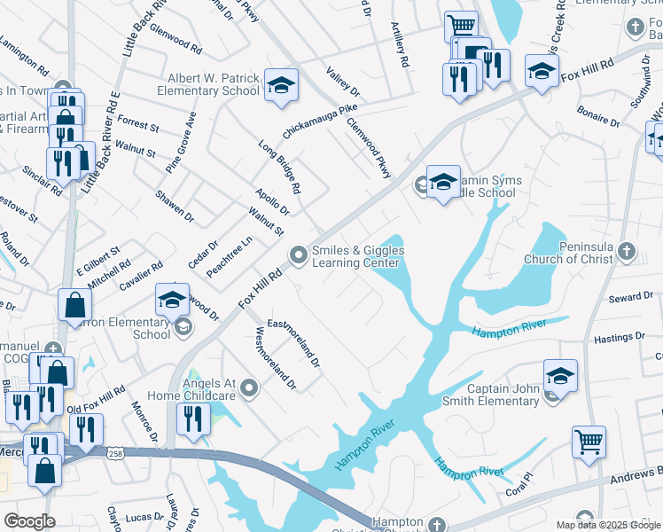map of restaurants, bars, coffee shops, grocery stores, and more near 11 Great Lakes Drive in Hampton