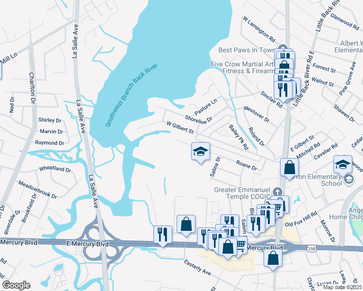 map of restaurants, bars, coffee shops, grocery stores, and more near 407 Roane Drive in Hampton