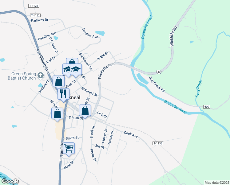 map of restaurants, bars, coffee shops, grocery stores, and more near 136 Clark Street in Brookneal