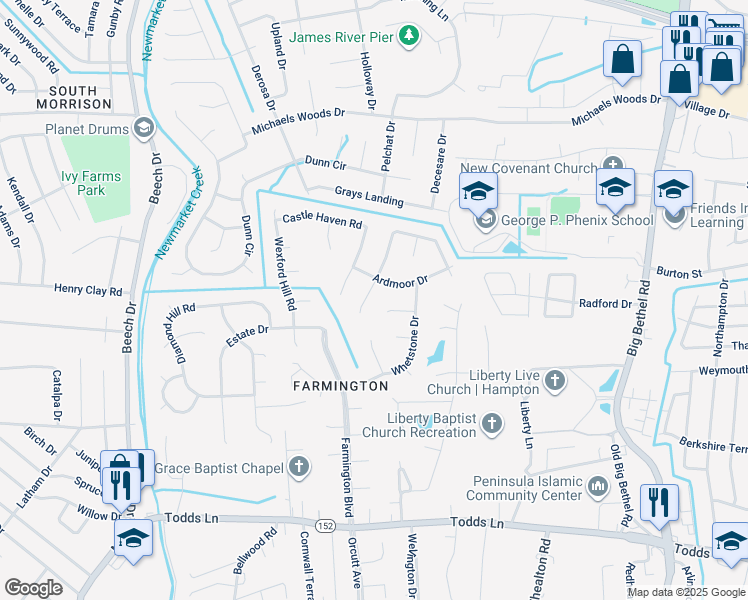 map of restaurants, bars, coffee shops, grocery stores, and more near 7 Danfield Circle in Hampton