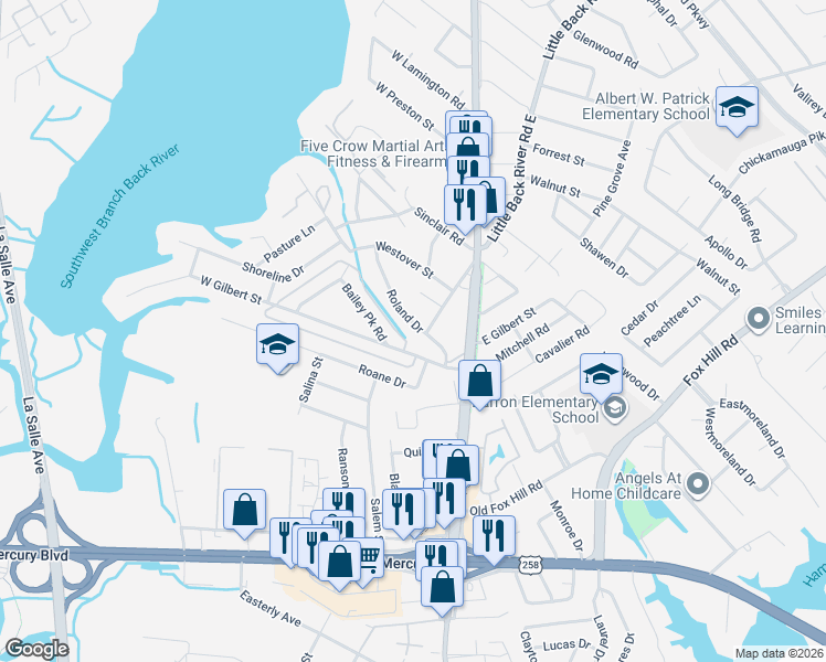 map of restaurants, bars, coffee shops, grocery stores, and more near 205 West Gilbert Street in Hampton