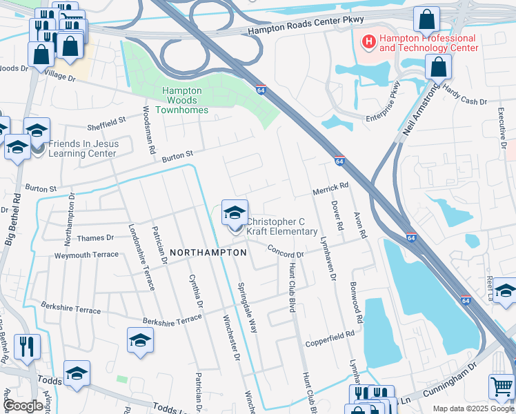 map of restaurants, bars, coffee shops, grocery stores, and more near 209 Lowden Hunt Drive in Hampton