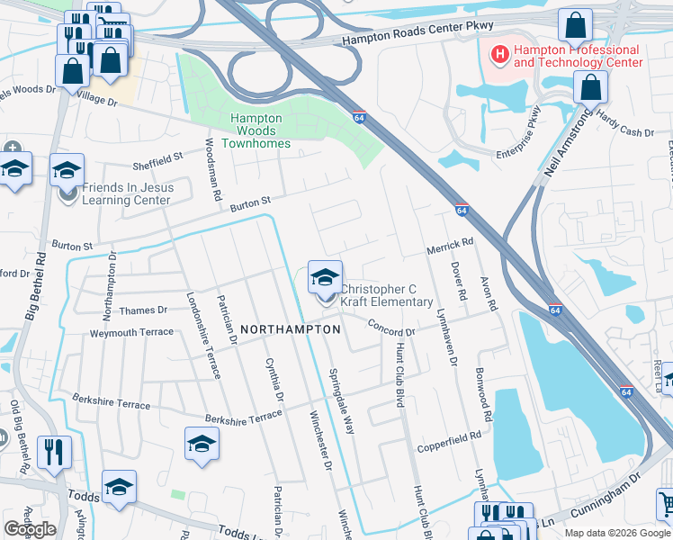 map of restaurants, bars, coffee shops, grocery stores, and more near 209 Lowden Hunt Drive in Hampton