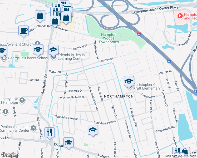 map of restaurants, bars, coffee shops, grocery stores, and more near 321 Patrician Drive in Hampton