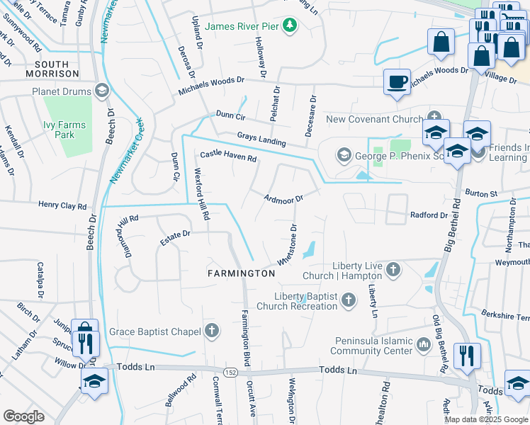 map of restaurants, bars, coffee shops, grocery stores, and more near 7 Danfield Circle in Hampton