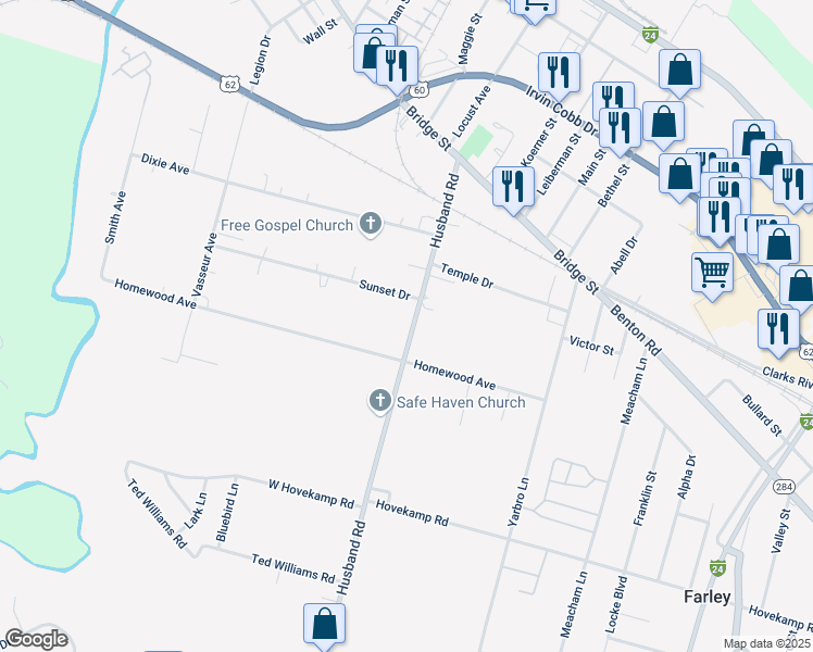 map of restaurants, bars, coffee shops, grocery stores, and more near 1139 Husband Road in Paducah