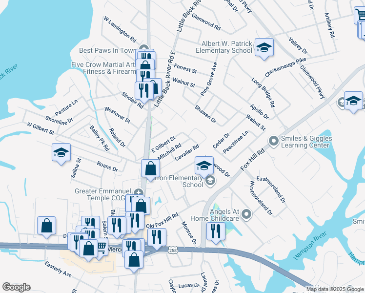 map of restaurants, bars, coffee shops, grocery stores, and more near 32 Mitchell Road in Hampton