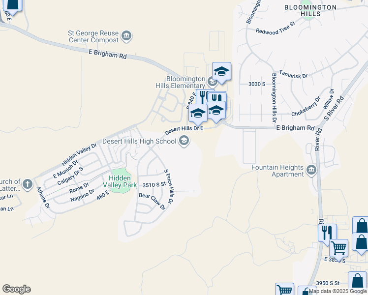 map of restaurants, bars, coffee shops, grocery stores, and more near 828 Desert Hills Drive East in St. George