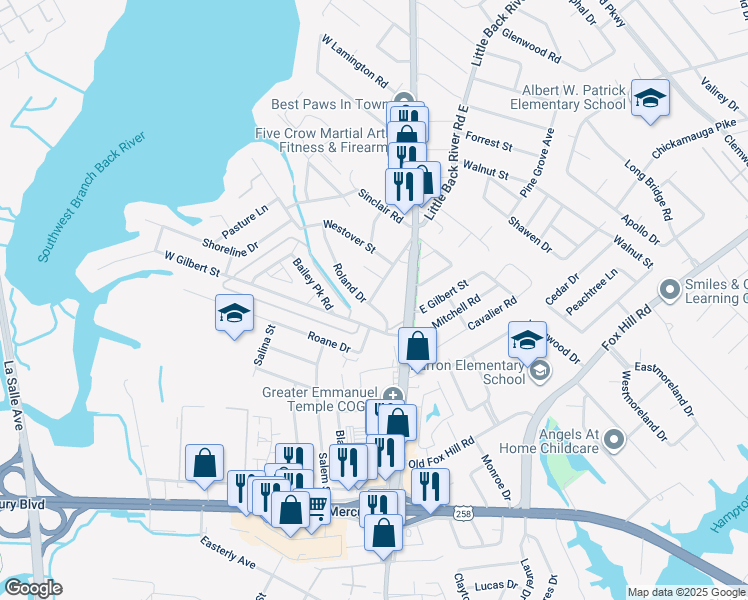 map of restaurants, bars, coffee shops, grocery stores, and more near 42 West Little Back River Road in Hampton