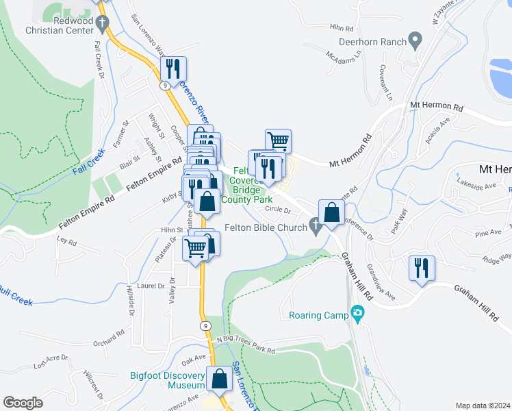 map of restaurants, bars, coffee shops, grocery stores, and more near 266 Circle Drive in Felton
