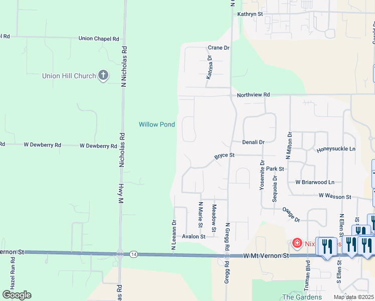 map of restaurants, bars, coffee shops, grocery stores, and more near 434 North Bonda Way in Nixa