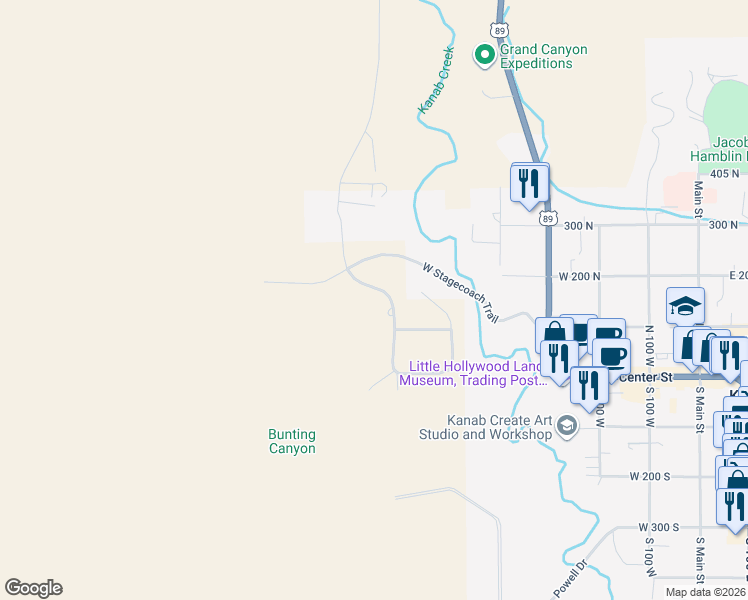 map of restaurants, bars, coffee shops, grocery stores, and more near 180 North Gunsmoke Pass in Kanab