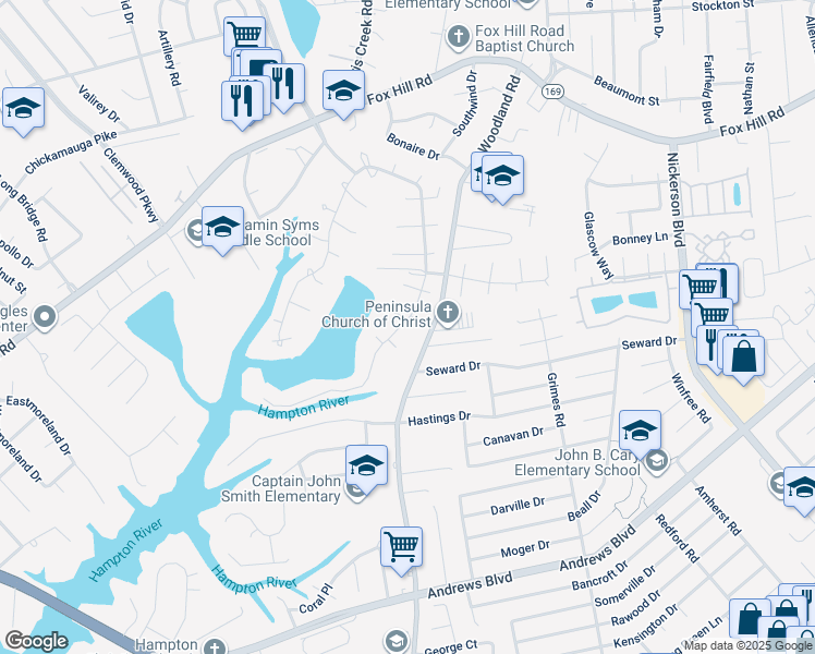 map of restaurants, bars, coffee shops, grocery stores, and more near 358 Eppington Circle in Hampton