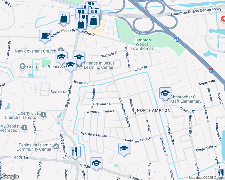 map of restaurants, bars, coffee shops, grocery stores, and more near 806 Churchill Terrace in Hampton