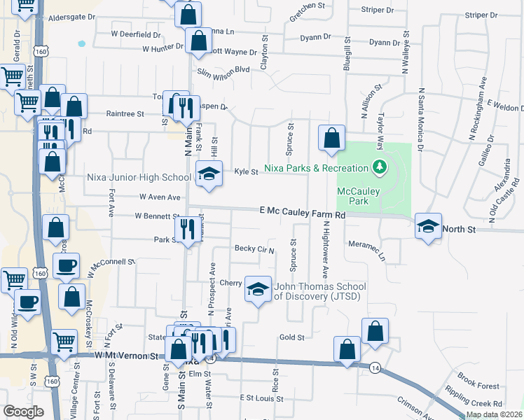 map of restaurants, bars, coffee shops, grocery stores, and more near 401 East Mc Cauley Farm Road in Nixa