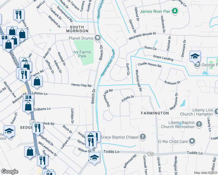 map of restaurants, bars, coffee shops, grocery stores, and more near 32 Diamond Hill Road in Hampton