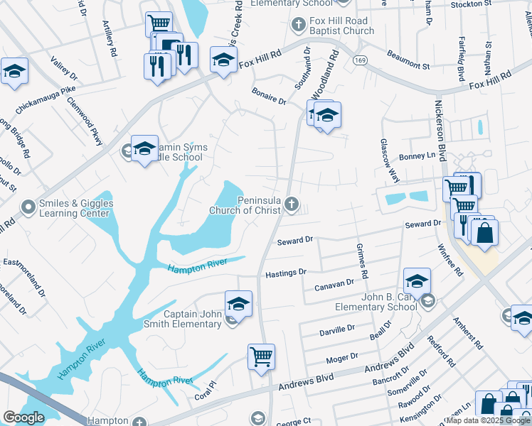 map of restaurants, bars, coffee shops, grocery stores, and more near 358 Abingdon Circle in Hampton