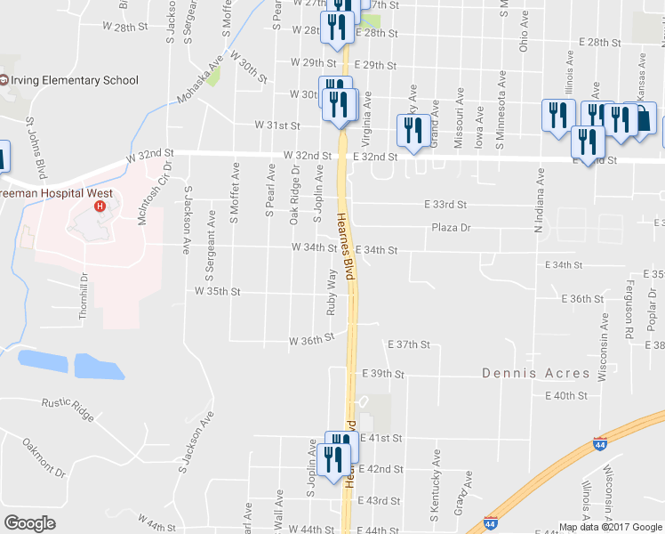 map of restaurants, bars, coffee shops, grocery stores, and more near 3441 Ruby Way in Joplin