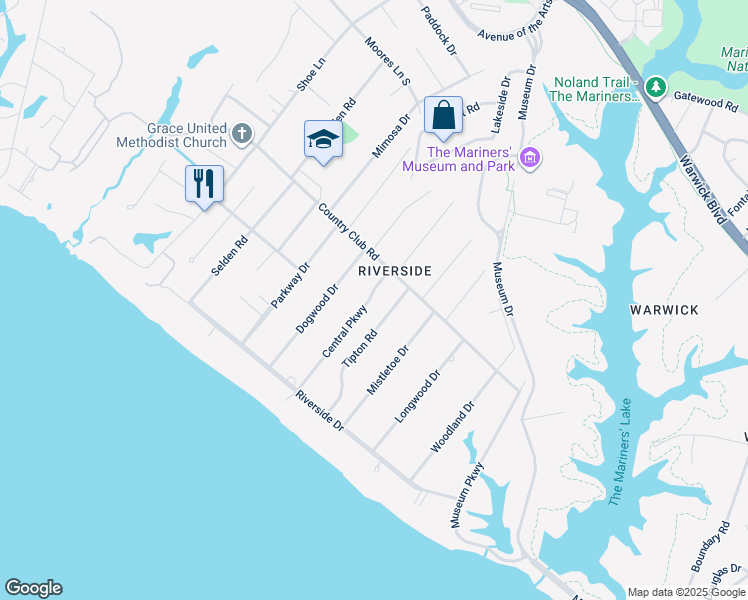 map of restaurants, bars, coffee shops, grocery stores, and more near 204 Central Parkway in Newport News
