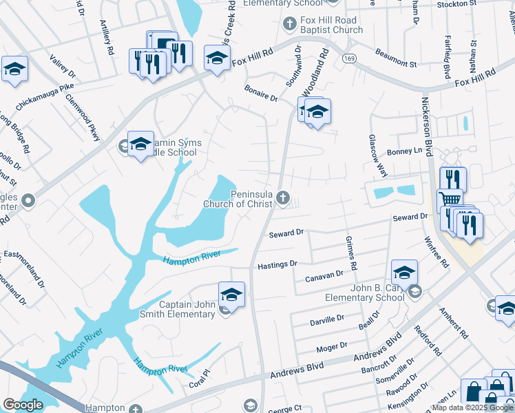 map of restaurants, bars, coffee shops, grocery stores, and more near 358 Eppington Circle in Hampton