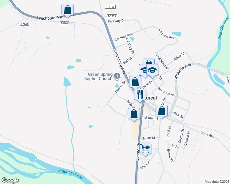 map of restaurants, bars, coffee shops, grocery stores, and more near 100-104 Mattox Street in Brookneal
