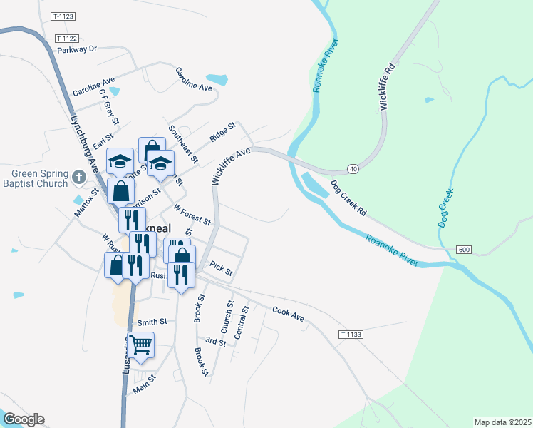 map of restaurants, bars, coffee shops, grocery stores, and more near 136 Clark Street in Brookneal