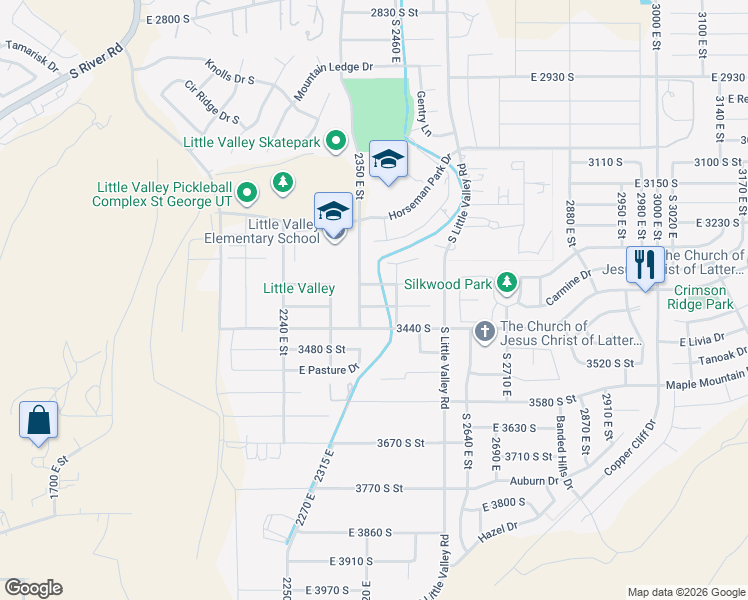 map of restaurants, bars, coffee shops, grocery stores, and more near 2383 East Segovia Drive in St. George