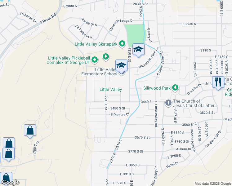 map of restaurants, bars, coffee shops, grocery stores, and more near 2303 East 3400 South in St. George