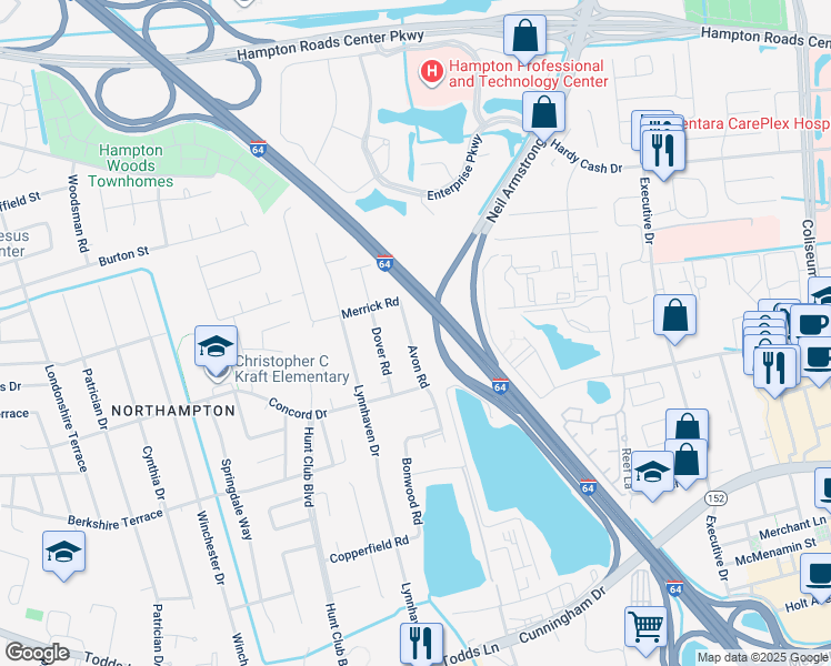 map of restaurants, bars, coffee shops, grocery stores, and more near 216 Avon Road in Hampton