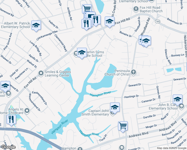 map of restaurants, bars, coffee shops, grocery stores, and more near 522 Elizabeth Lake Drive in Hampton