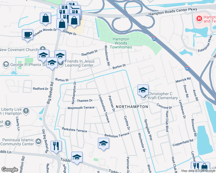 map of restaurants, bars, coffee shops, grocery stores, and more near 406 Patrician Drive in Hampton