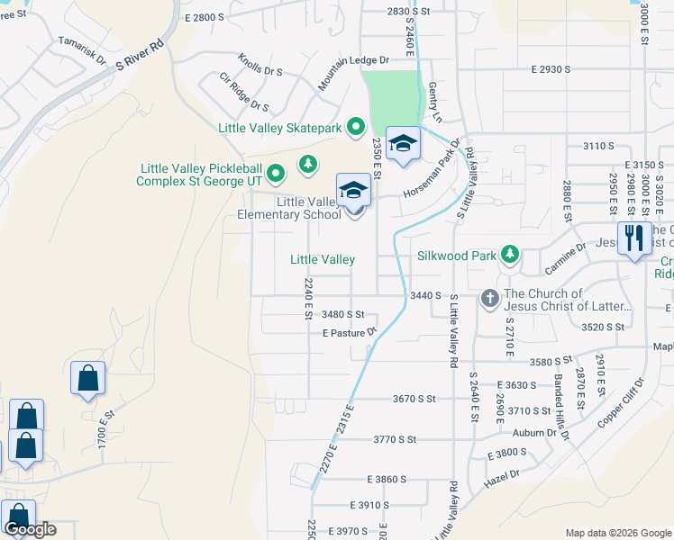 map of restaurants, bars, coffee shops, grocery stores, and more near 2303 East 3400 South in St. George