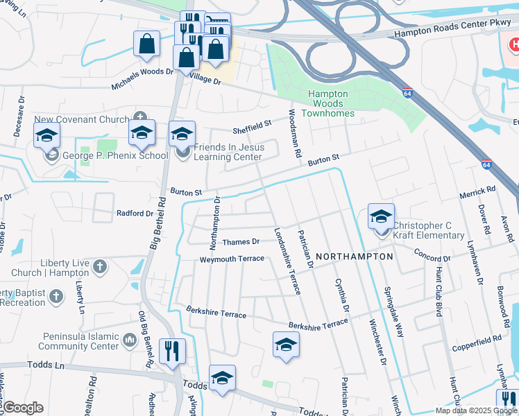 map of restaurants, bars, coffee shops, grocery stores, and more near 806 Churchill Terrace in Hampton